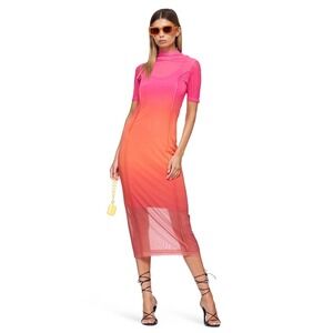 Saemdi Short Sleeve Mesh Midi Dress Pink Orange Ombre Mock Neck Size Medium